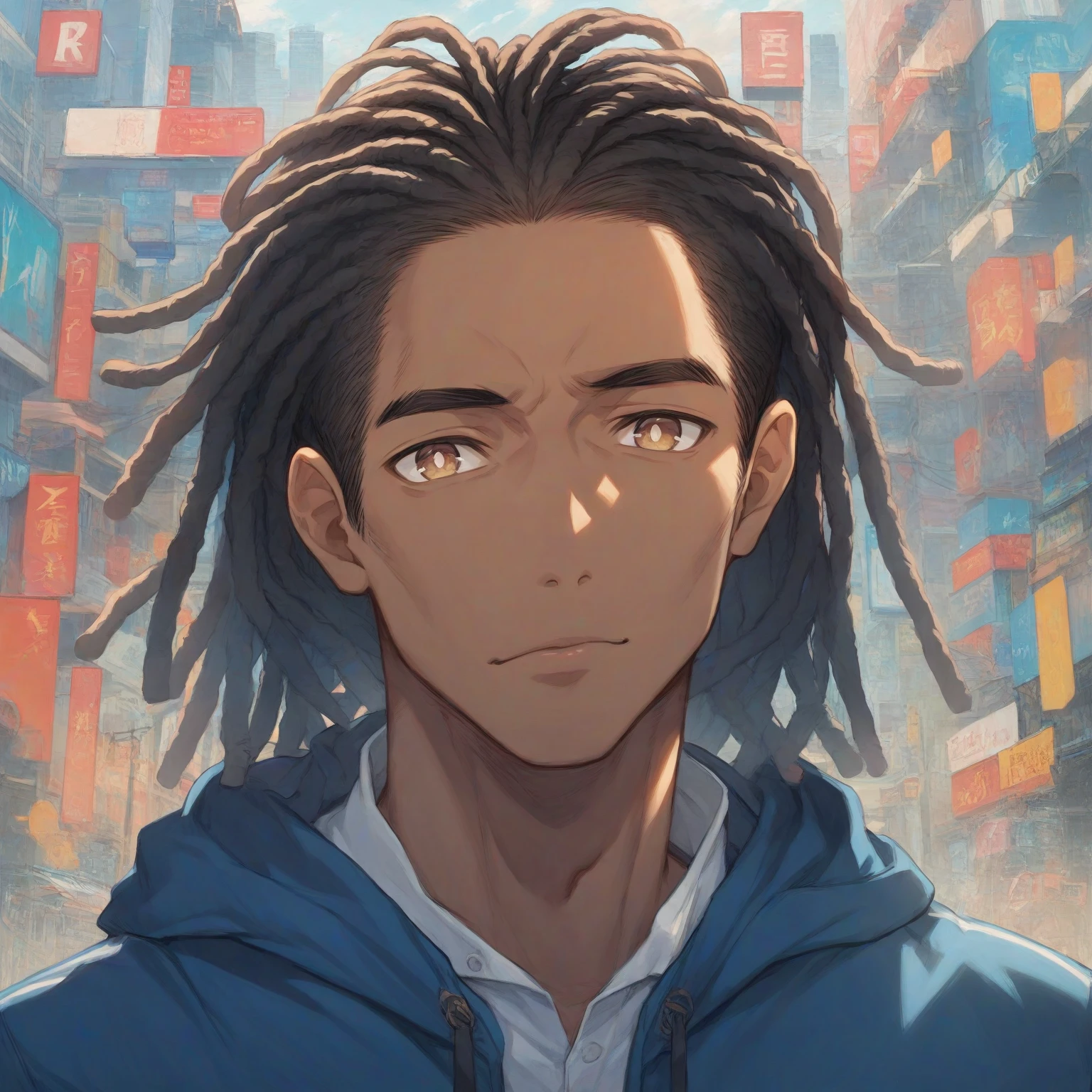 (masterpiece:1.2), (best quality), (ultra detailed), (8k, 4k, intricate),(half-body-shot:1), (highly detailed:1.2),(detailed background:1.2),((dark skin, handsome face,lips)) An close up of a person with dreadlocks in a city, he wearing a blue shirt and white fur-collared hoodie, tan pupils, male anime style, in an anime style, anime handsome man, modern city background, natural sky