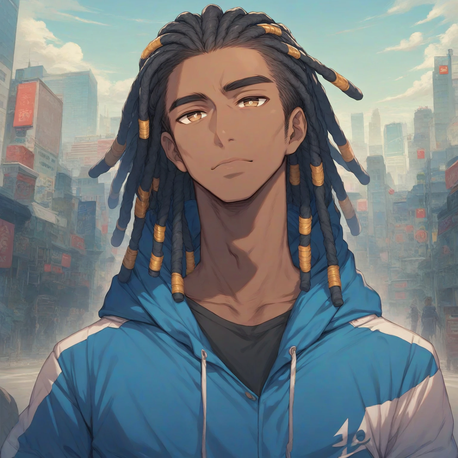 (masterpiece:1.2), (best quality), (ultra detailed), (8k, 4k, intricate),(half-body-shot:1), (highly detailed:1.2),(detailed background:1.2),((dark skin, handsome face,lips)) An close up of a person with dreadlocks in a city, he wearing a blue shirt and white fur-collared hoodie, tan pupils, male anime style, in an anime style, anime handsome man, modern city background, natural sky