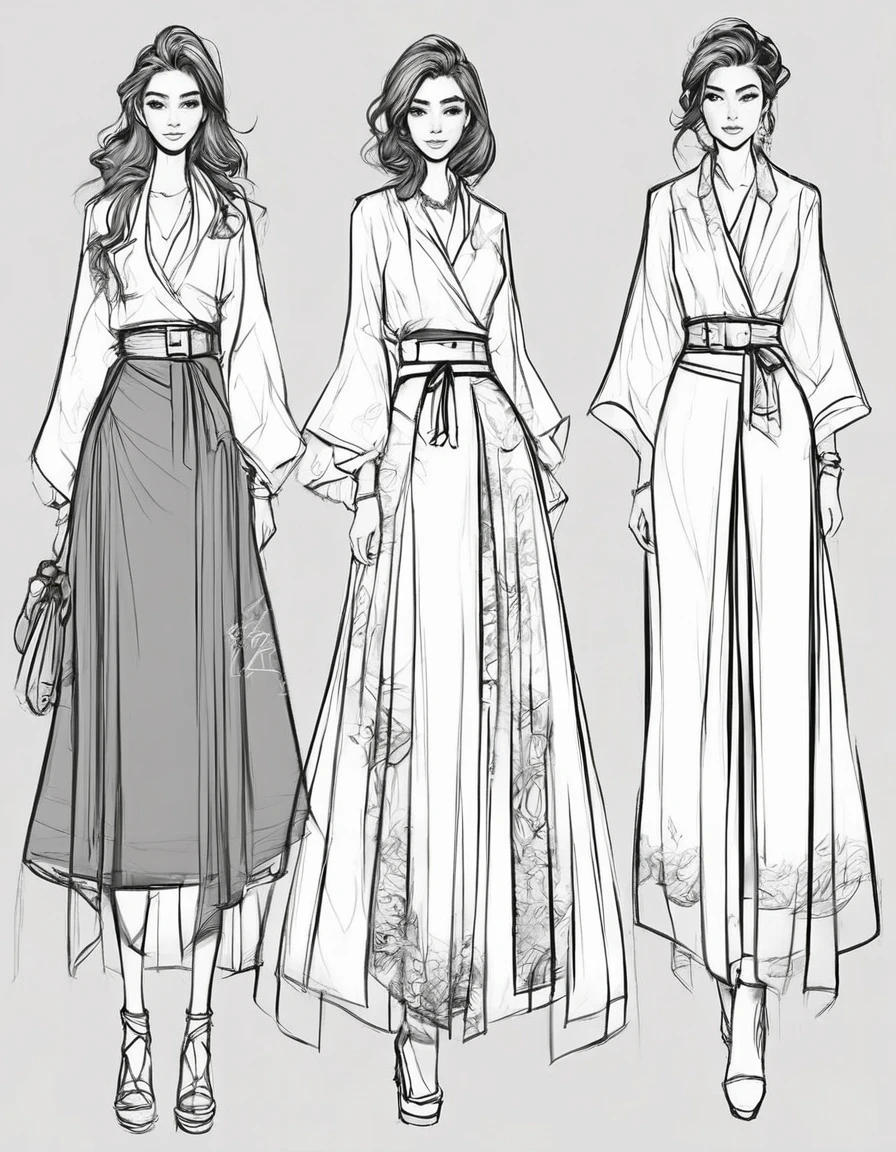 character concept design, line art，clothing design sketch，a skirt，High-quality illustrationeticuloso，pencil drawing，pen painting，