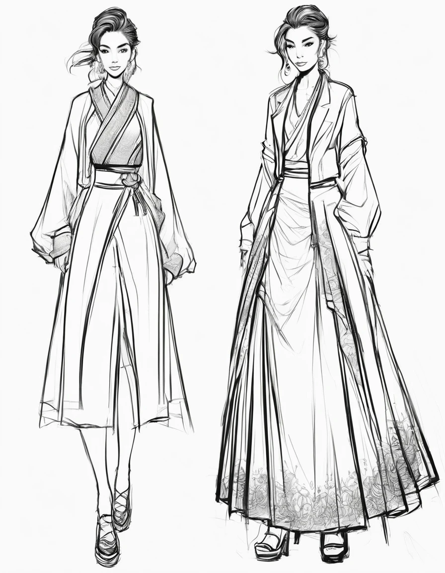 character concept design, line art,clothing design sketch,a skirt,High-quality illustrationeticuloso,pencil drawing,pen painting,