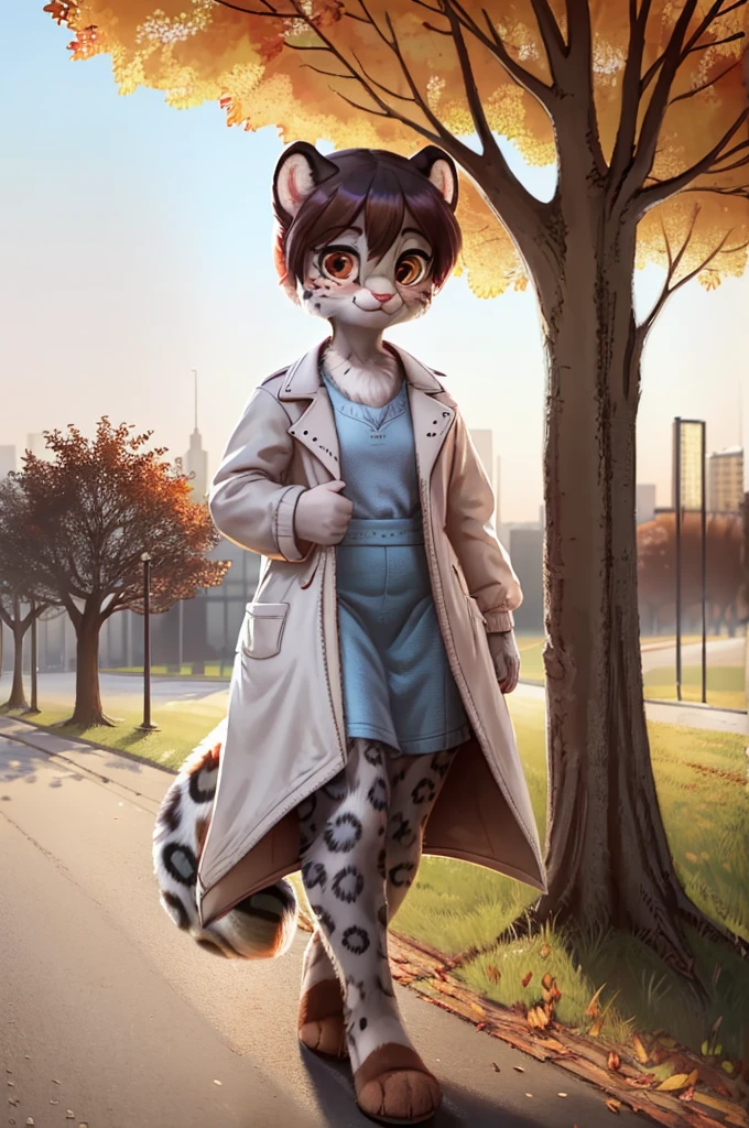 (very detailed illustration: 1.2), best quality, masterpiece, solo, natural lighting, An young anthro female snow leopard with brown eyes, she has snow leopard fur un all her body, she is dressed in casual clothes, she is in a big bright city, she is in a park where there are trees, she is on a gray gravel road walking.