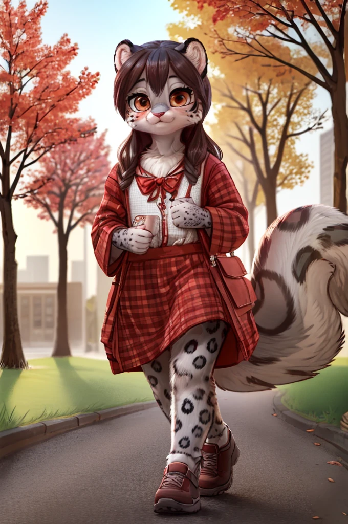 (very detailed illustration: 1.2), best quality, masterpiece, solo, natural lighting, An young anthro female snow leopard with brown eyes, she has snow leopard fur un all her body, she is dressed in casual clothes, she is in a big bright city, she is in a park where there are trees, she is on a gray gravel road walking.