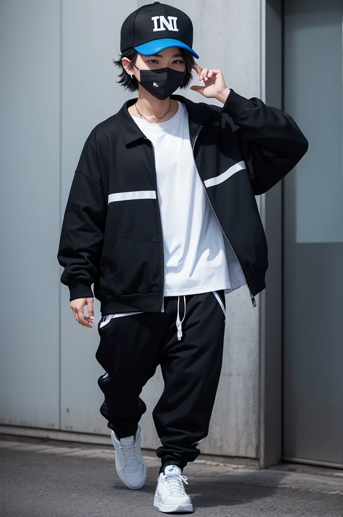 Character style black mask black cap blue shirt white pants black sneakers with blue