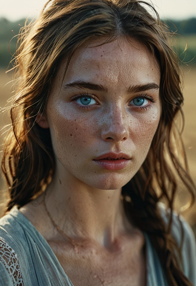 cinematic film still 25 year old farm italian girl,no make up,plain,photograph,highly detailed face,depth of field,moody light,golden hour,style by Dan Winters,Russell James,Steve McCurry,centered,extremely detailed,Nikon D850,award winning photography,waist up visible,pale blue eyes,lightly freckled,soft eyes,natural skin,high detailed face,high detailed cloth,(pale skin:1.2),glossy photo,Hyperrealistic art cinematic film still photography in the style of detailed hyperrealism photoshoot,RAW,color graded portra 400 film,remarkable color,realistic dull skin noise,Thorough,analog style,highest quality,skin pores,sharp focus,dappled lighting,film grain,photographed on a Sony A7R IV,18mm F/1.7 cine lens,(highly detailed, intricately detailed),8k,HDR,. shallow depth of field,vignette,highly detailed,high budget,bokeh,cinemascope,moody,epic,gorgeous,film grain,grainy