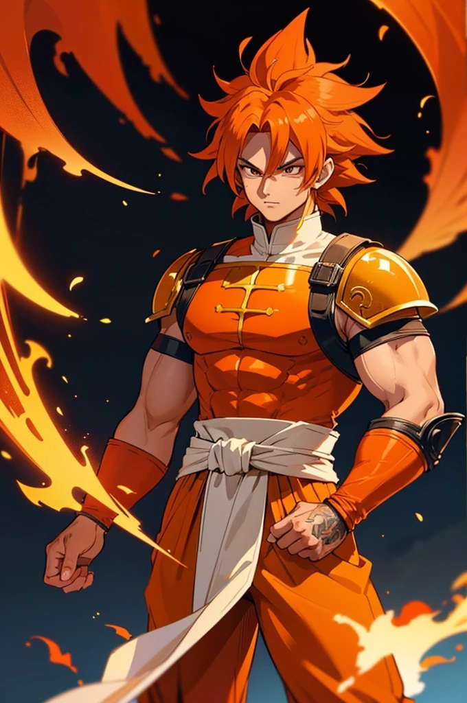 Tanned male with long, thick orange saiyan hair, wearing heavy orange armour plating, wearing red feathers around his waist, with flame tattoos on their face, in fantasy style