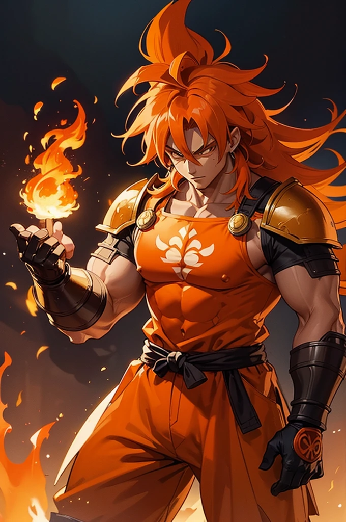 Tanned male with long, thick orange saiyan hair, wearing heavy orange armour plating, wearing red feathers around his waist, with flame tattoos on their face, in fantasy style