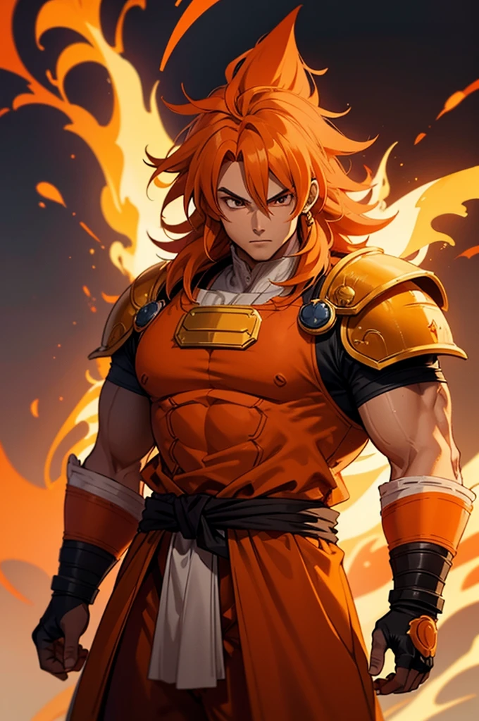 Tanned male with long, thick orange saiyan hair, wearing heavy orange armour plating, wearing red feathers around his waist, with flame tattoos on their face, in fantasy style