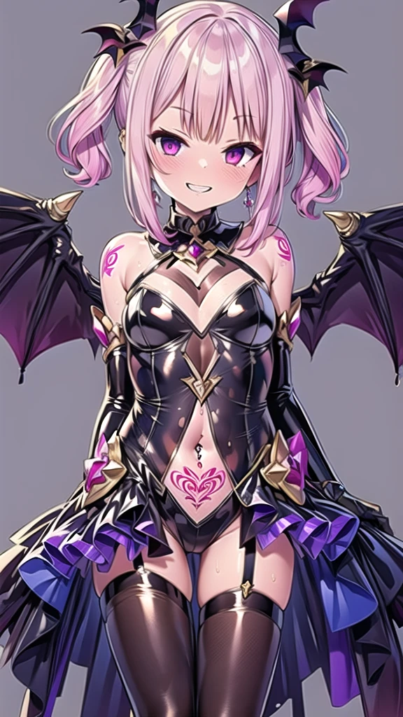 masterpiece, Highest quality, Very detailed, One girl, alone, corruption, Wicked Smile, Genital tattoo, magical girl uniform, Retention Staff, Pink Hair, Black clothes, ,Dark shadowed face,Sadistic smile,Malice,Contempt,smile,latex,Bad face,,,two hands,Two legs,five fingers,evil background,elbow gloves,latex, Wicked Smile, devilish aura (Shiny fabric:1.5),Dark world background,solo,feet,Standing on the rubble,
