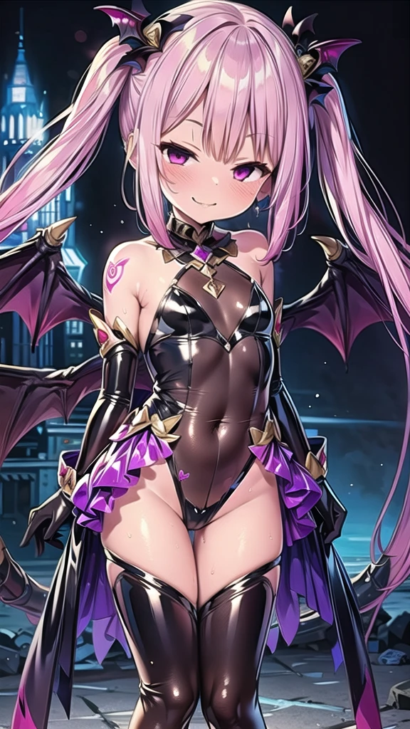 masterpiece, Highest quality, Very detailed, One girl, alone, corruption, Wicked Smile, Genital tattoo, magical girl uniform, Retention Staff, Pink Hair, Black clothes, ,Dark shadowed face,Sadistic smile,Malice,Contempt,smile,latex,Bad face,,,two hands,Two legs,five fingers,evil background,elbow gloves,latex, Wicked Smile, devilish aura (Shiny fabric:1.5),Dark world background,solo,feet,Standing on the rubble,