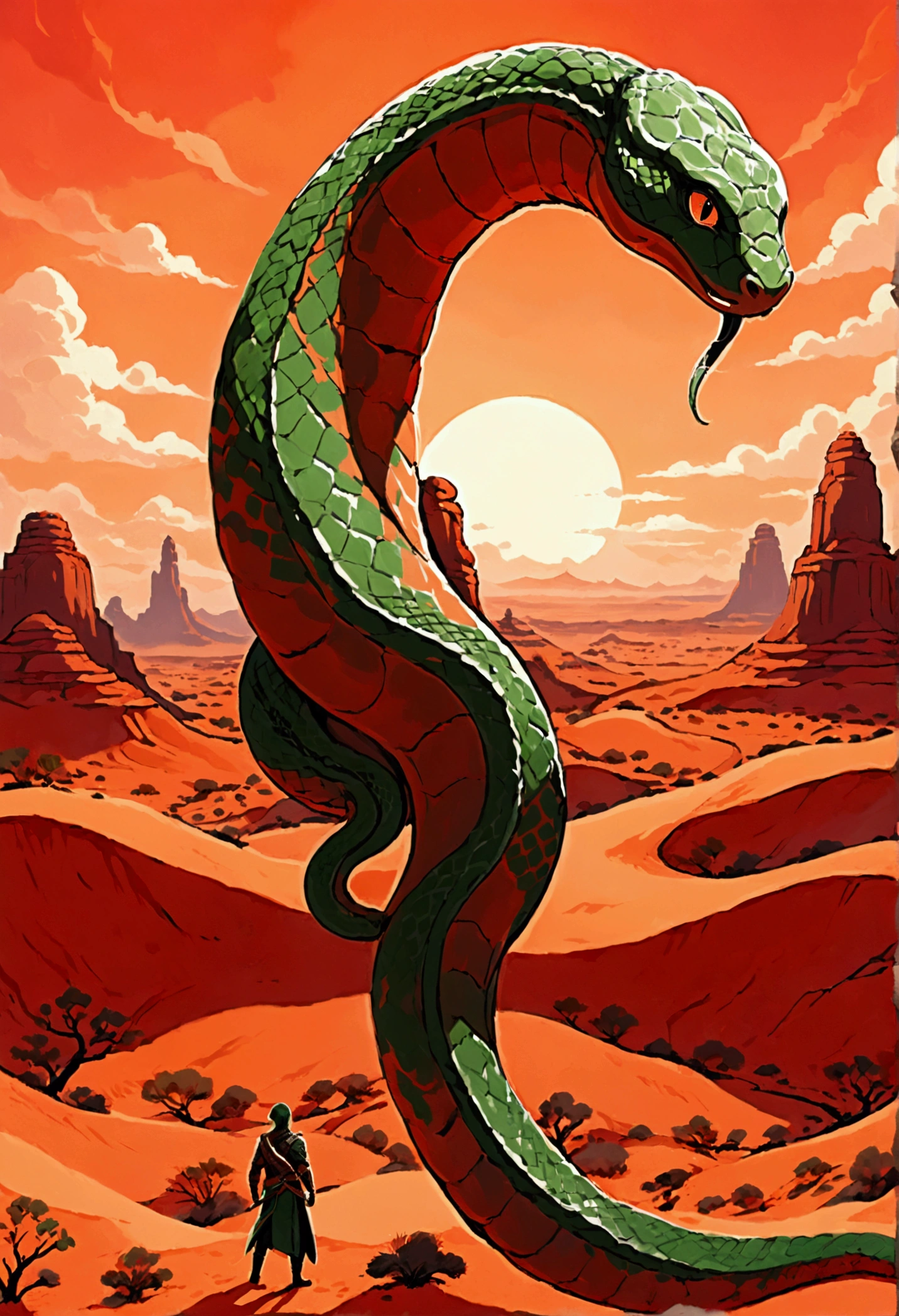 ( best quality ) a giant , green , snake with 6 eys , piks in his back and in his tail seen in profile on a landscape who's like a desert with a red/orange sky ( detailed )