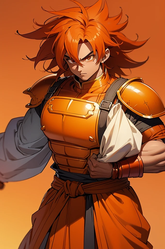 Tanned male with long, thick orange saiyan hair, wearing heavy orange armour plating, wearing red feathers around his waist, in fantasy style