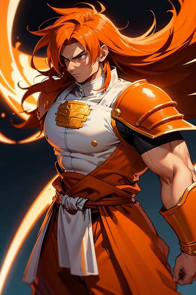 Tanned male with long, thick orange saiyan hair, wearing heavy orange armour plating, wearing red feathers around his waist, in fantasy style