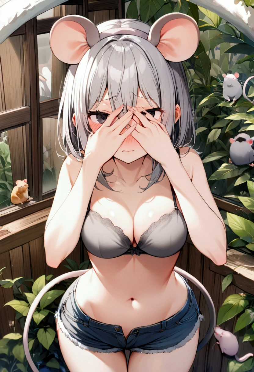 1girl with short grey hair, black eyes, slender body, medium breasts, natural mouse ears, natural mouse tail, blush, embarrassed, cover her face, ((((grey bra))), short shorts,zoo aviary