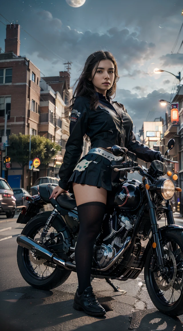 17-year-old Waifu  posando na frente de uma motocicleta futurista, the motorcycle has skulls and blue flames highly detailed 3D graphics, night scenery with full moon in the background, she is wearing a tight  Uniform with 3D skulls and flames and Sailor Miniskirt, Pantyhose, HDR, epic realism, high-octane rendering, obra de arte,