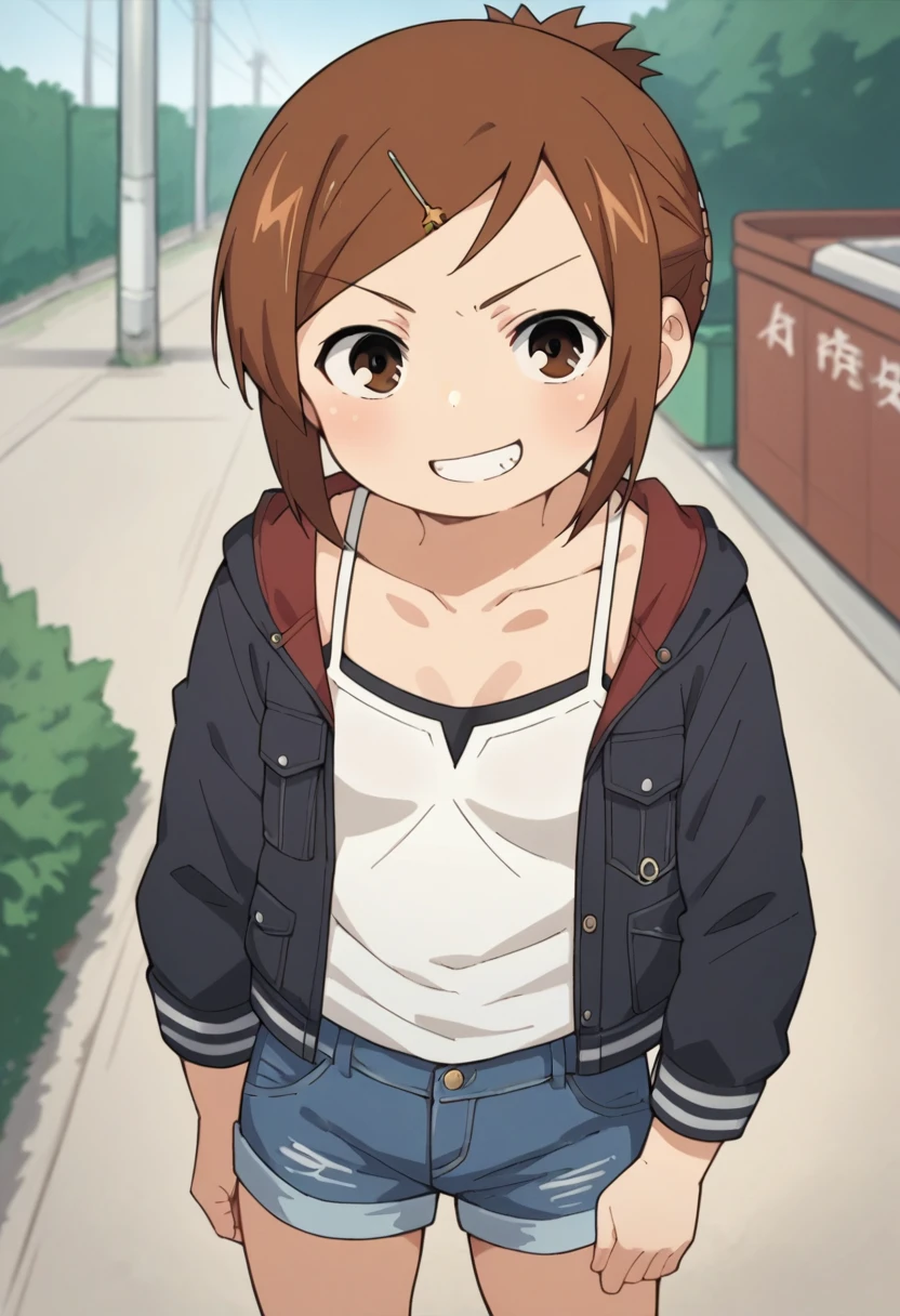 score_9, score_8_up, score_8, source_anime, 1girl, solo, brown eyes, brown hair, hair ornament, hairclip, short hair, outdoor,looking viewer,denim shorts,black jacket,camisole,socks,grin