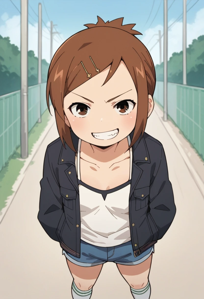 score_9, score_8_up, score_8, source_anime, 1girl, solo, brown eyes, brown hair, hair ornament, hairclip, short hair, outdoor,looking viewer,denim shorts,black jacket,camisole,socks,grin