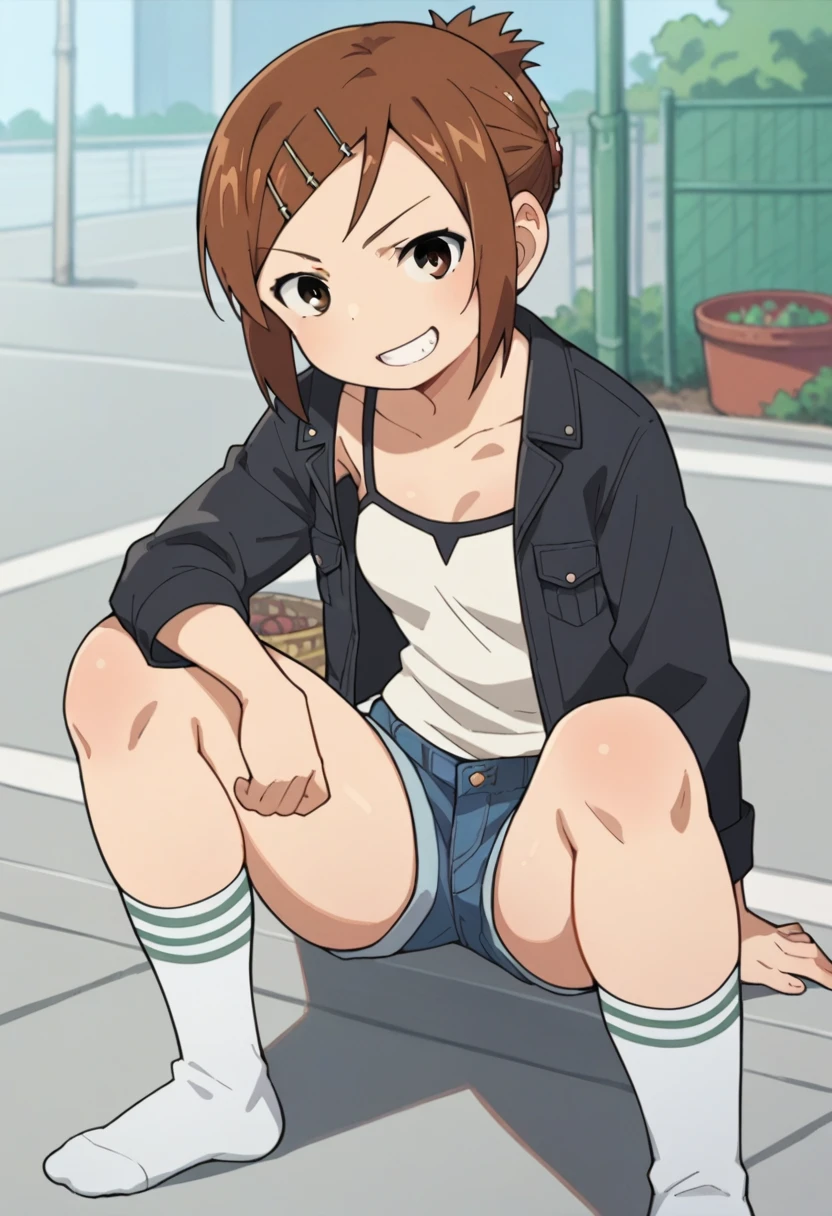 score_9, score_8_up, score_8, source_anime, 1girl, solo, brown eyes, brown hair, hair ornament, hairclip, short hair, outdoor,looking viewer,denim shorts,black jacket,camisole,socks,grin