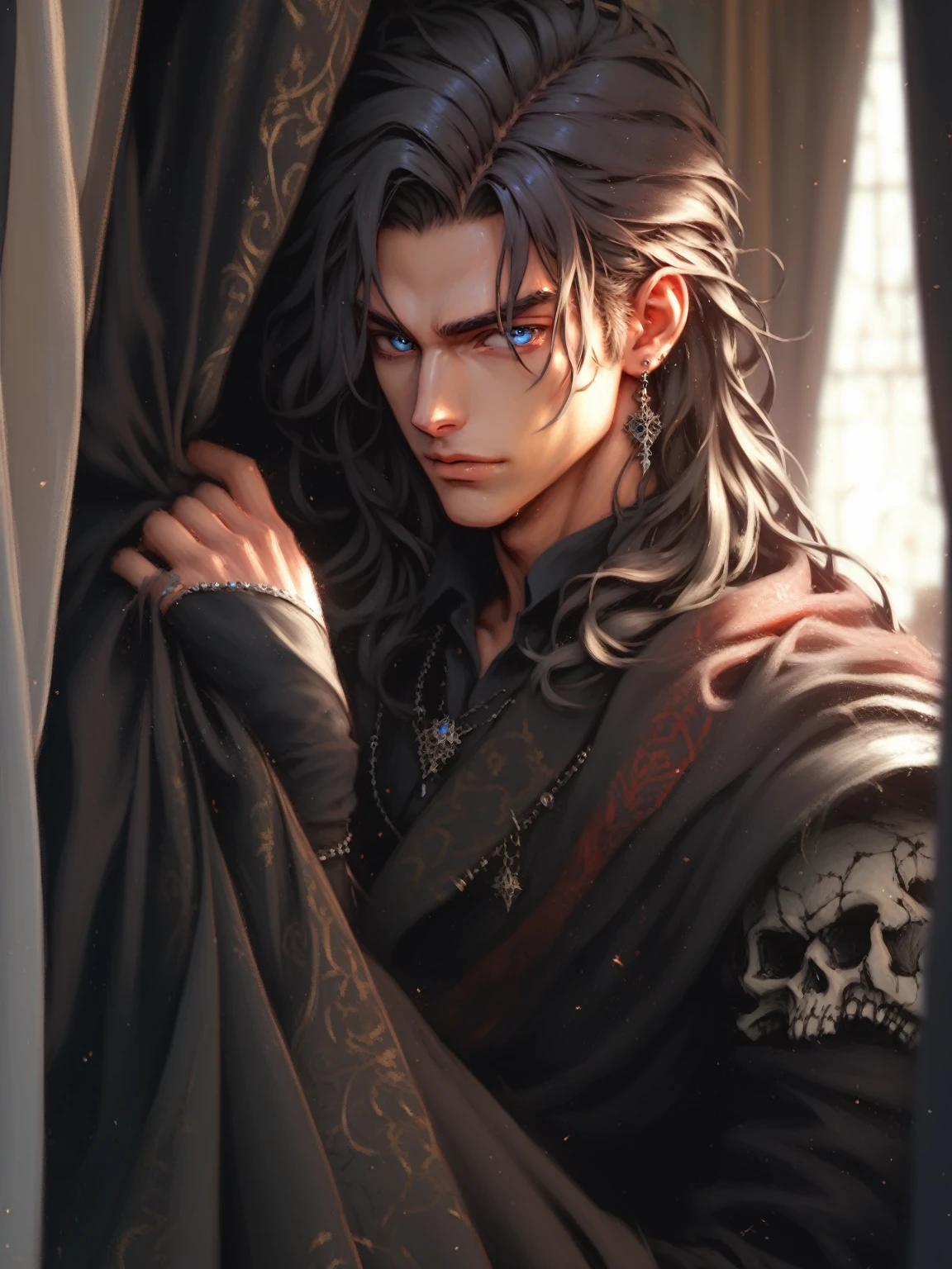 absurdities, High resolution, ultra detailed, HdR, masterpiece, Extremely detailed face and eyes, medium black hair, disheveled, bushy eyebrows, White skin, serious, expressive blue eyes, detailed eyes, LOOKING AT THE SPECTATOR, 1 man, elegant, black magic shit, masculine, sorcery clothing, dark aura background, background skulls, Complete plan