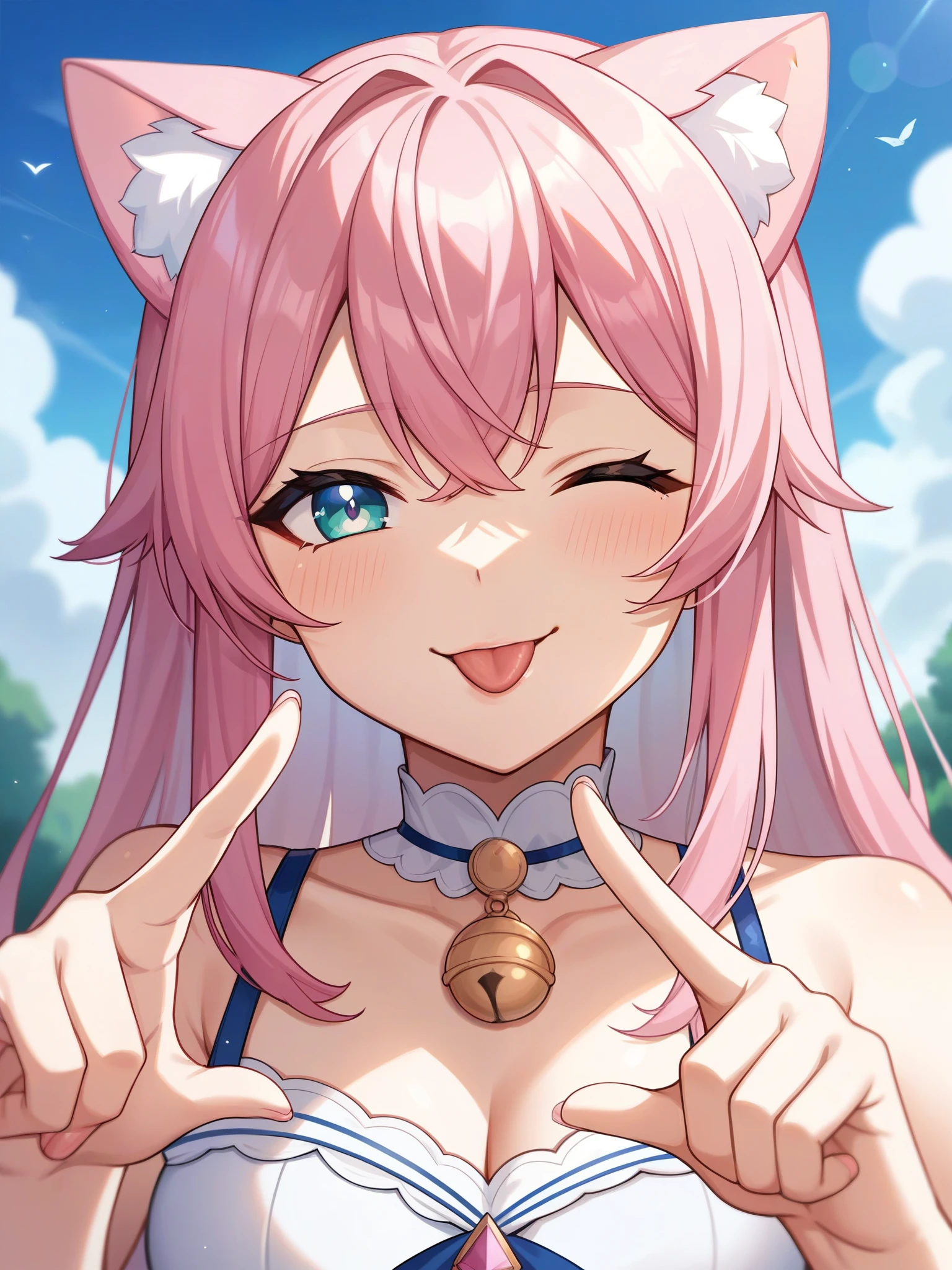Adult, Female, long pink hair, winking, smiling, tongue out, vtuber, otaku bedroom, Masterpiece, Accurate, Anatomically Correct, Best Quality, High Details, Detail, Super Detailed, Best detail, Perfect detail, Amazing detail, [-3, 3], perfect hands, best hands, best fingers, perfect fingers, perfect body, best body, amazing body, Looking at viewer, front facing, upper body shot, Cat Ears, Close-Up,