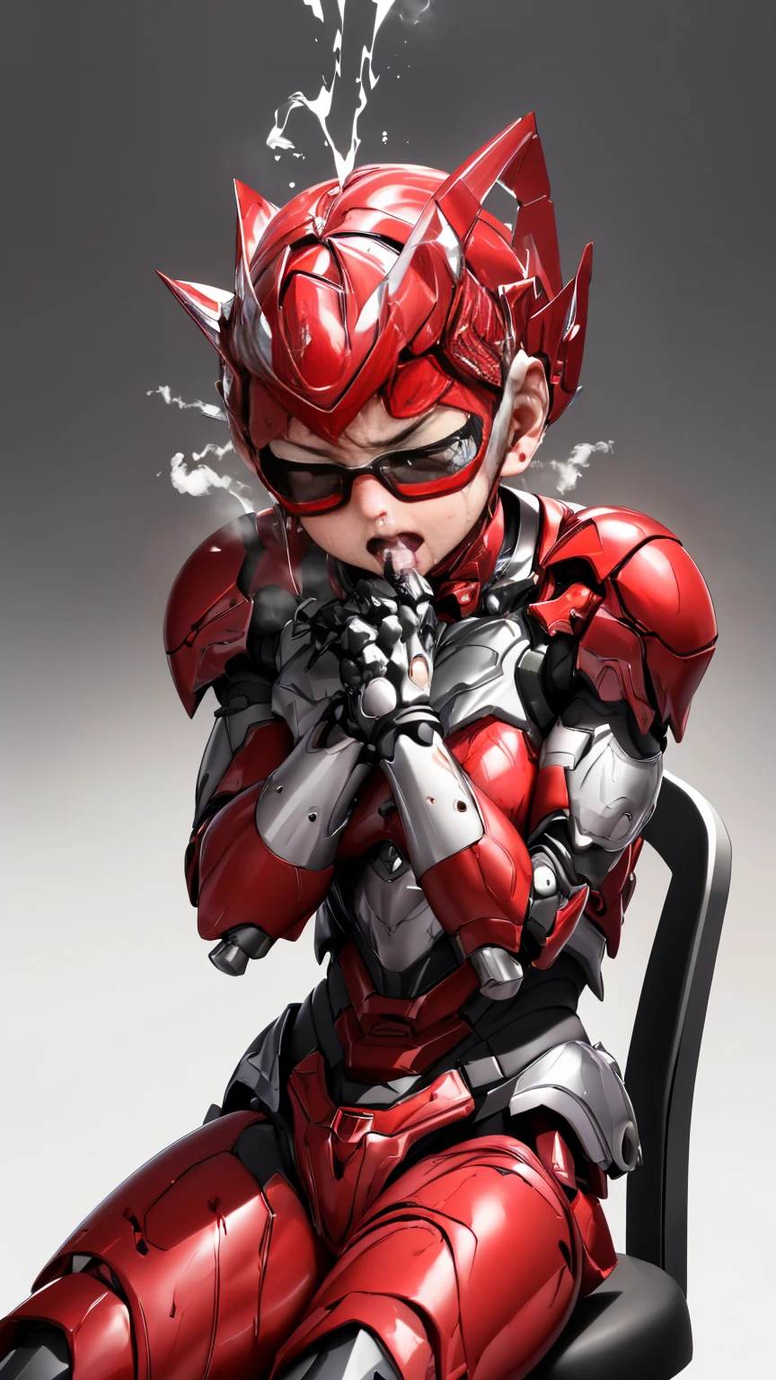 Rough skin, Very detailed, Advanced Details, high quality, 最high quality, High resolution, 1080P 、Bleeding from the wound、Red Armor、Wearing red and black、cute((Severe damage to the entire body))(Wearing a damaged female robot suit...)(Red Armor)(Broken Armor)Black Hair、Glasses、Chiquita、Soaking wet、Open your mouth、Sweaty face、It hurts again、cute、knock down、Droolinging from the mouth、Female college student　　(Steam coming out of the face) ((Steam from the body)) Sit on a chair　Touching the vagina　Drooling　look up　suffering　Filming location　Remove the helmet　My eyes disappeared