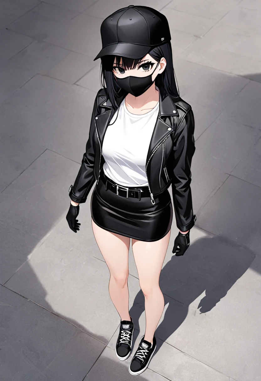 Black miniskirt , Black sneakers , white t-shirt , Black leather jacket , pencil skirt , Leather skirt , whole body , thighs , black hair , black eyes , straight hair , black ball cap , long sleeves , bare legs , View from above , Black gloves , standing posture , black mask , waist belt