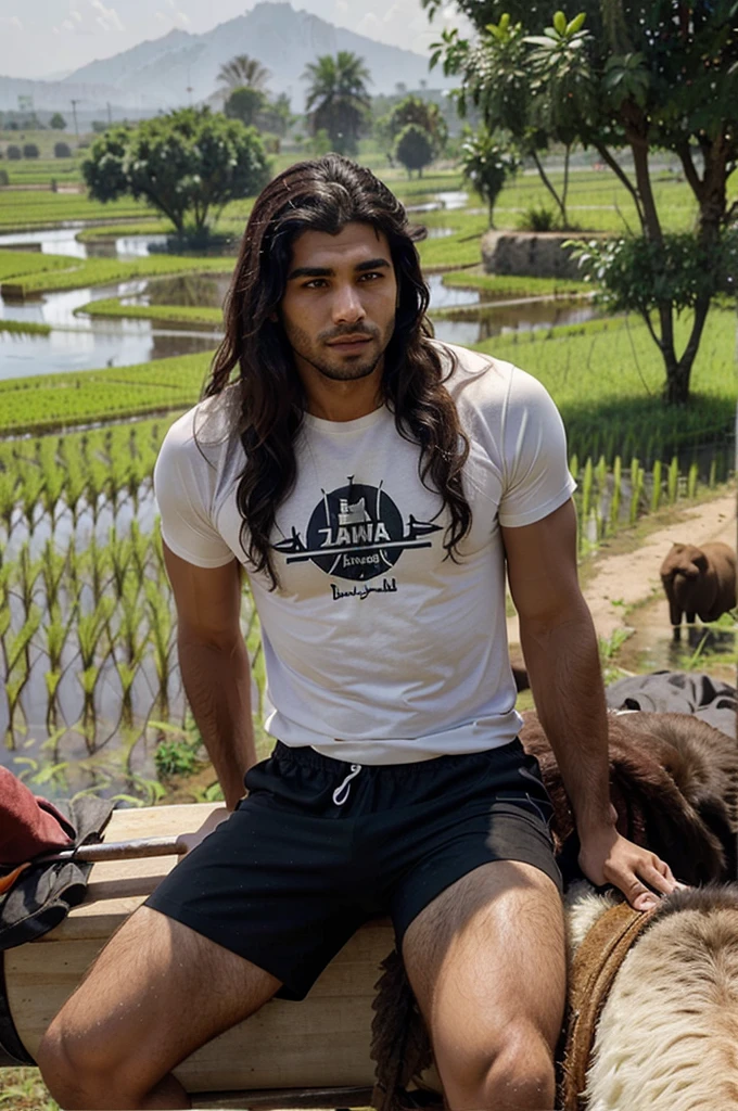 handsome Arab man, long curly hair, wearing a T-shirt, shorts, holding a hoe, sitting on the edge of a buffalo, with a backdrop of rice fields in the countryside