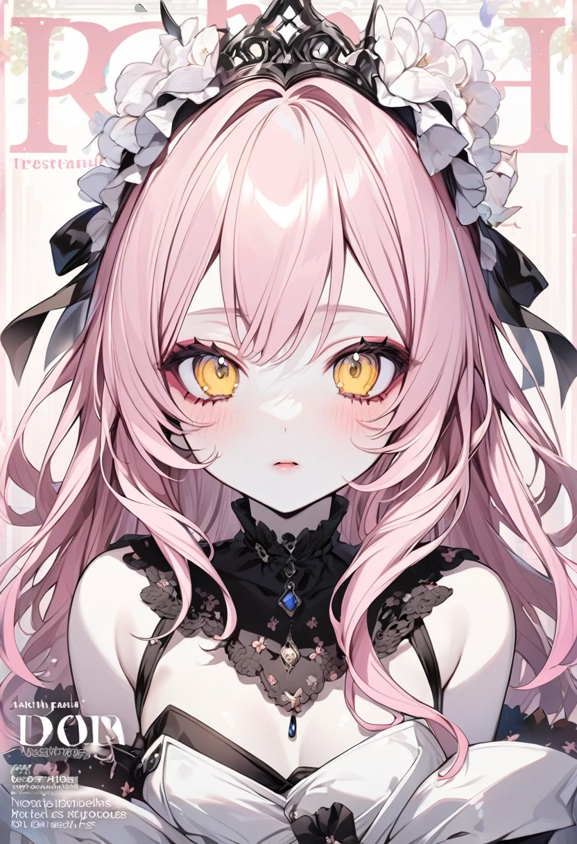 magazine model, anime girl with pastel pink hair, yellow eyes, pale skin, fine and soft features