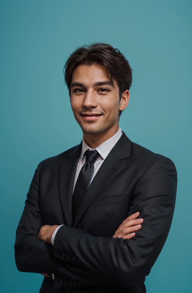 Frontal view , Portrait of man in black suit smiling , blue background editorial style highdefinition ultrarealistic details in the style of portrait photography