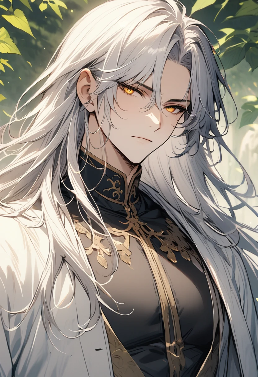 (Absurd, High resolution, Super detailed), 1 male, Adult, good looking, Tall and muscular man, Broad shoulders, Detailed drawn eyes, Very long hair, Miyabi、Silver Hair, Flowers, diamond, jewelry, garden, forest, Portraiture, (Dutch Angle), Mouth closed