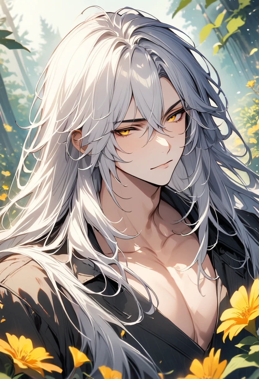 (Absurd, High resolution, Super detailed), 1 male, Adult, good looking, Tall and muscular man, Broad shoulders, Detailed drawn eyes, Very long hair, Miyabi、Silver Hair, Flowers, diamond, jewelry, garden, forest, Portraiture, (Dutch Angle), Mouth closed