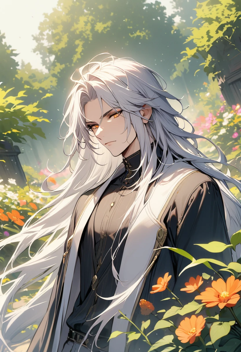 (Absurd, High resolution, Super detailed), 1 male, Adult, good looking, Tall and muscular man, Broad shoulders, Detailed drawn eyes, Very long hair, Miyabi、Silver Hair, Flowers, diamond, jewelry, garden, forest, Portraiture, (Dutch Angle), Mouth closed