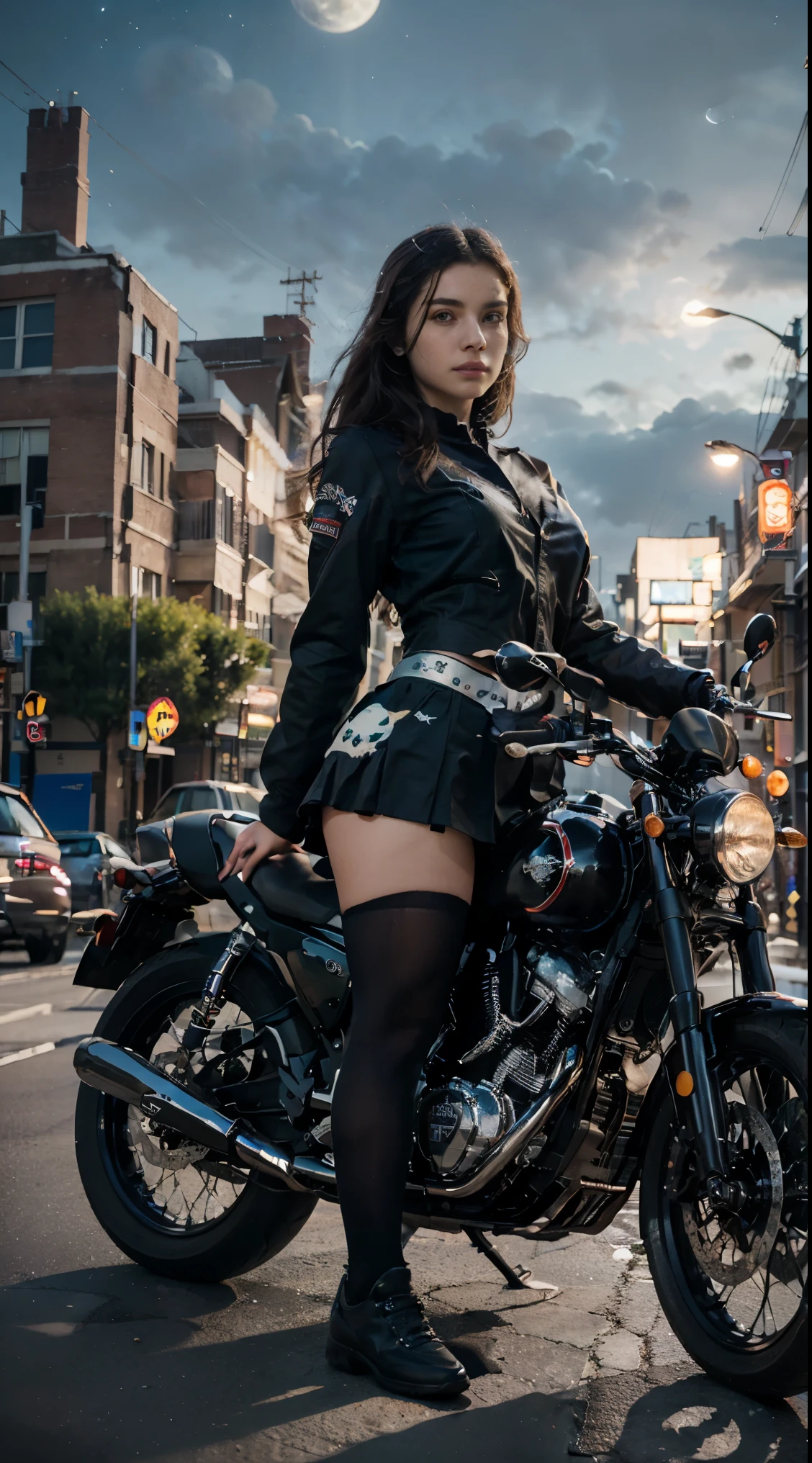 17-year-old Waifu  posando na frente de uma motocicleta futurista, the motorcycle has skulls and blue flames highly detailed 3D graphics, night scenery with full moon in the background, she is wearing a tight  Uniform with 3D skulls and flames and Sailor Miniskirt, Pantyhose, HDR, epic realism, high-octane rendering, obra de arte,