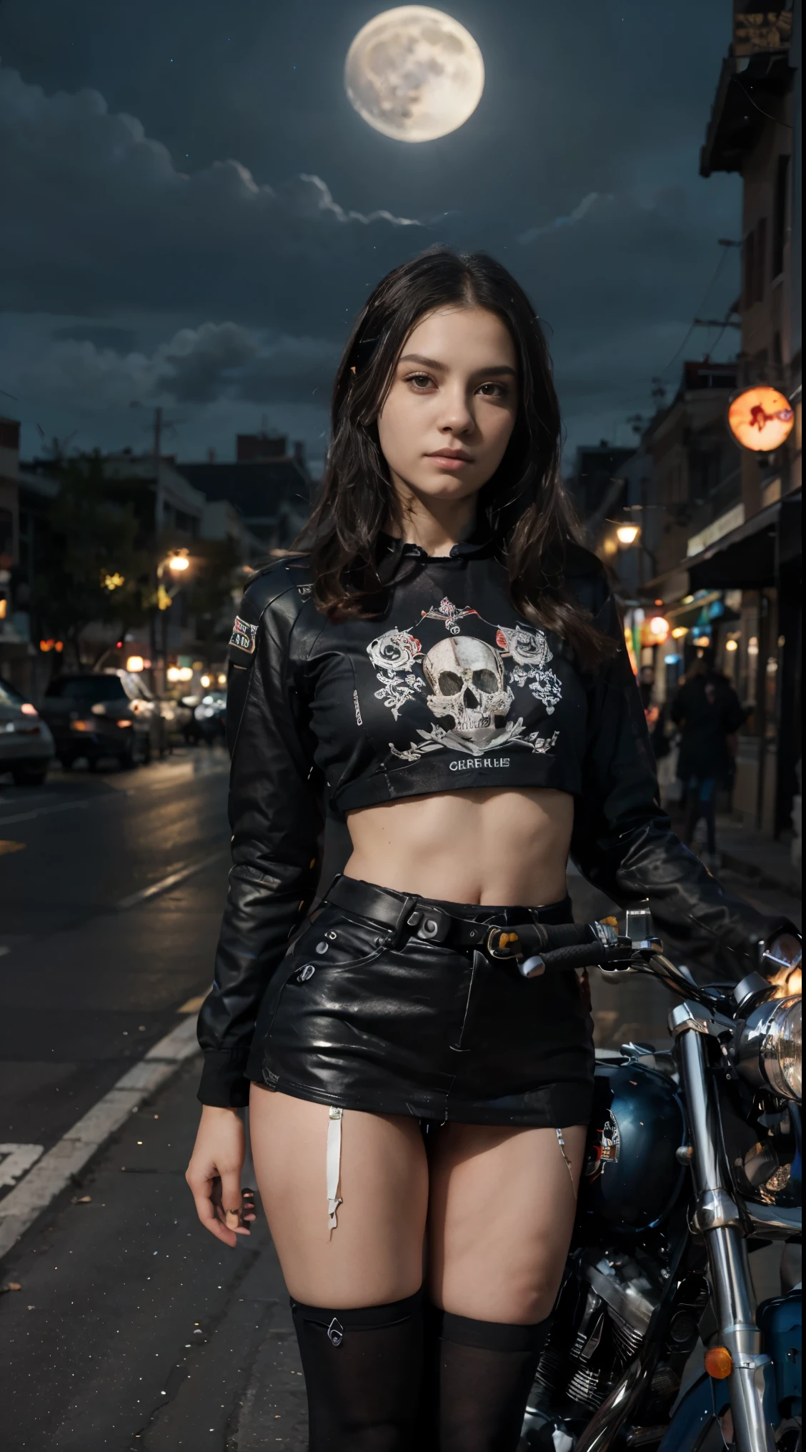 17-year-old Waifu posando na frente de uma motocicleta futurista, the motorcycle has skulls and blue flames highly detailed 3D graphics, night scenery with full moon in the background, she is wearing a tight Uniform with 3D skulls and flames and Sailor Miniskirt, Pantyhose, HDR, epic realism, high-octane rendering, obra de arte,