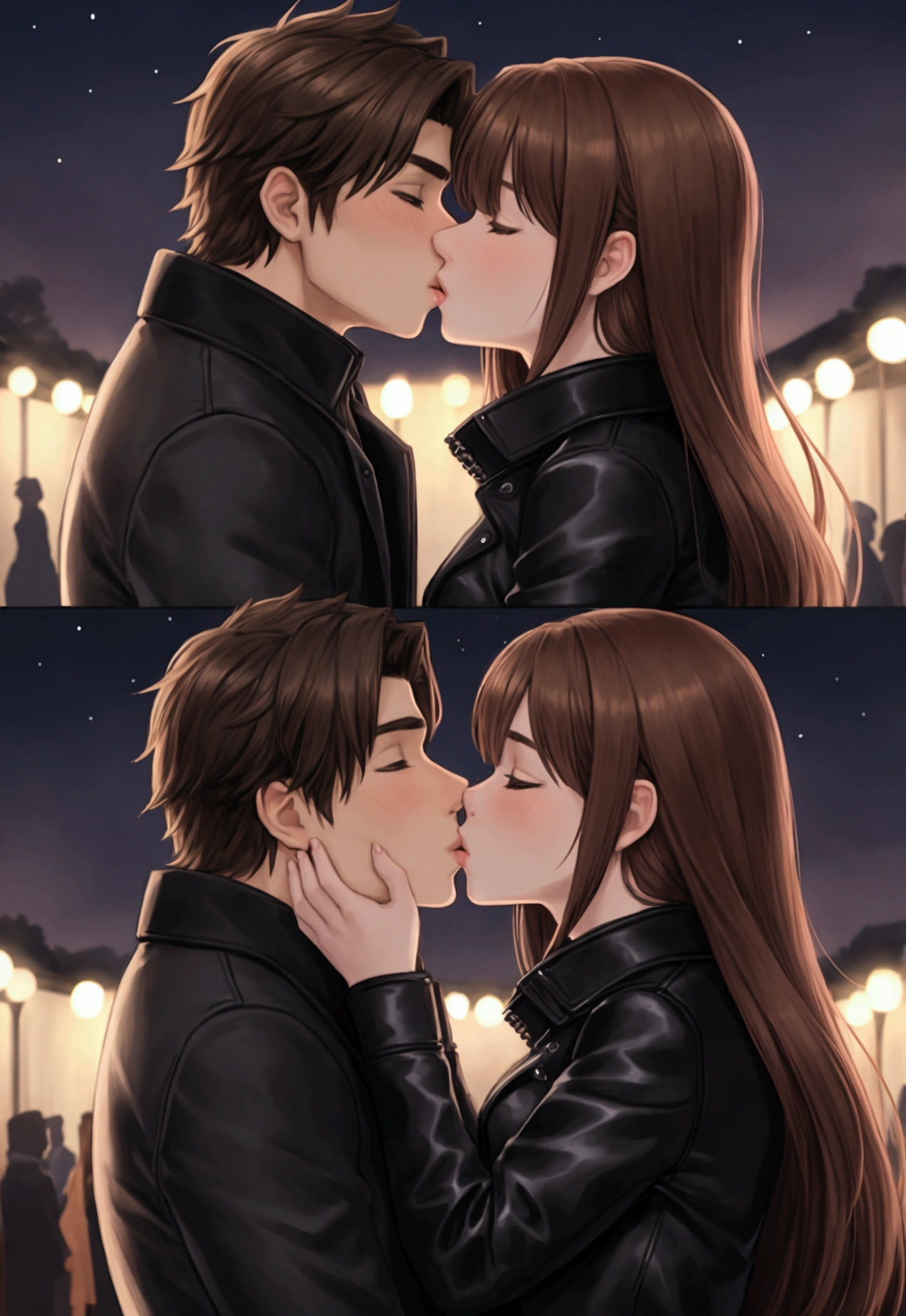 a couple kissing , male and female, brown hair, night time, black jacket