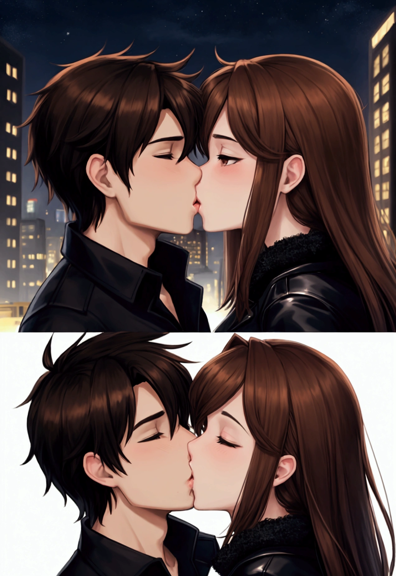 a couple kissing , male and female, brown hair, night time, black jacket