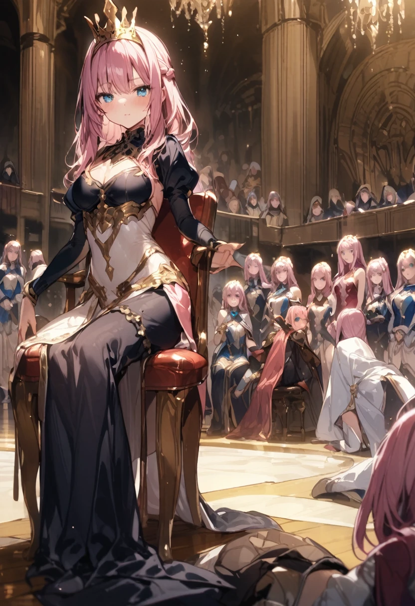 Audience Chamber、Queen sitting on a chair、A vassal kneeling、Prostrate、Girl with pink hair、Blue Eyed Queen