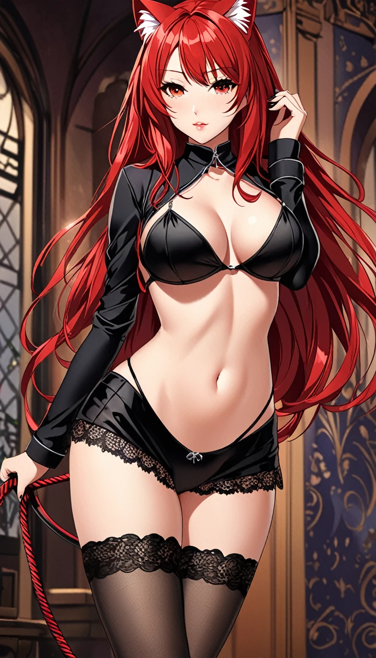 Beautiful girl in the form of a cat in the form of a mistress and a whip in her hands, with long red hair , she has a beautiful figure and medium sized breasts, the only outerwear she wears is a shirt with a deep neckline and lace panties, tight stockings on legs, she is in a revealing pose, with a beautiful background