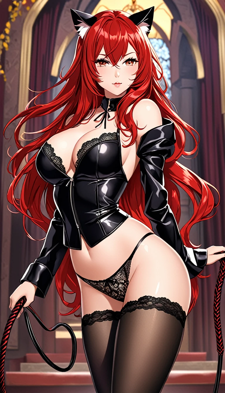 Beautiful girl in the form of a cat in the form of a mistress and a whip in her hands, with long red hair , she has a beautiful figure and medium sized breasts, the only outerwear she wears is a shirt with a deep neckline and lace panties, tight stockings on legs, she is in a revealing pose, with a beautiful background