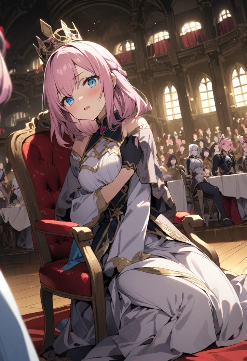 Audience Chamber、Queen sitting on a chair、A vassal kneeling、Prostrate、Girl with pink hair、Blue Eyed Queen