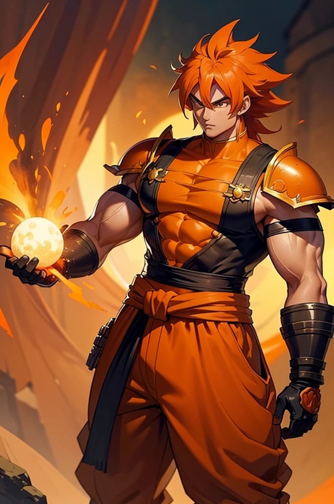 Tanned, somewhat muscular male with long, thick orange saiyan hair, wearing heavy orange armour plating, wearing red feathers around his waist, in fantasy style,