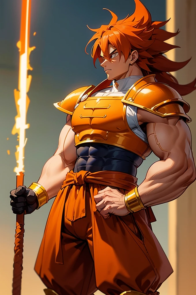 Tanned, somewhat muscular male with long, thick orange saiyan hair, wearing heavy orange armour plating, wearing red feathers around his waist, in fantasy style,