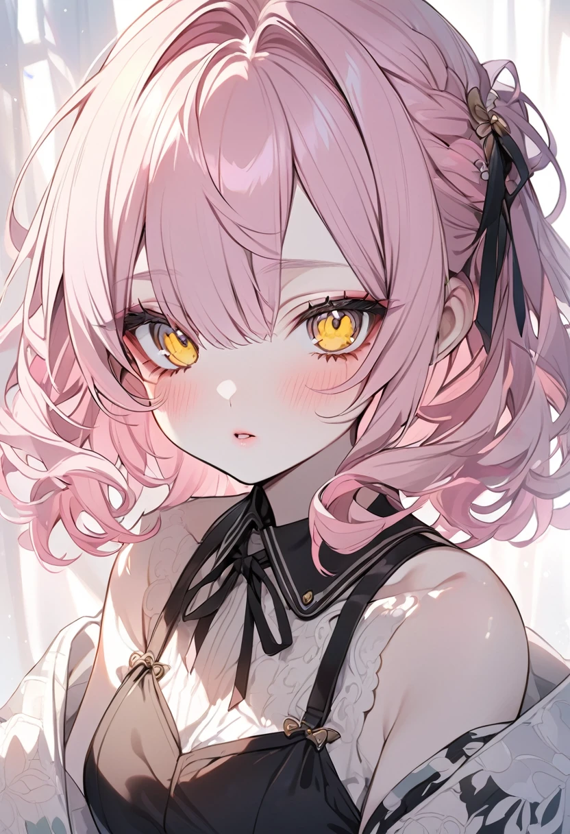 magazine model, anime girl with pastel pink hair, yellow eyes, pale skin, fine and soft features