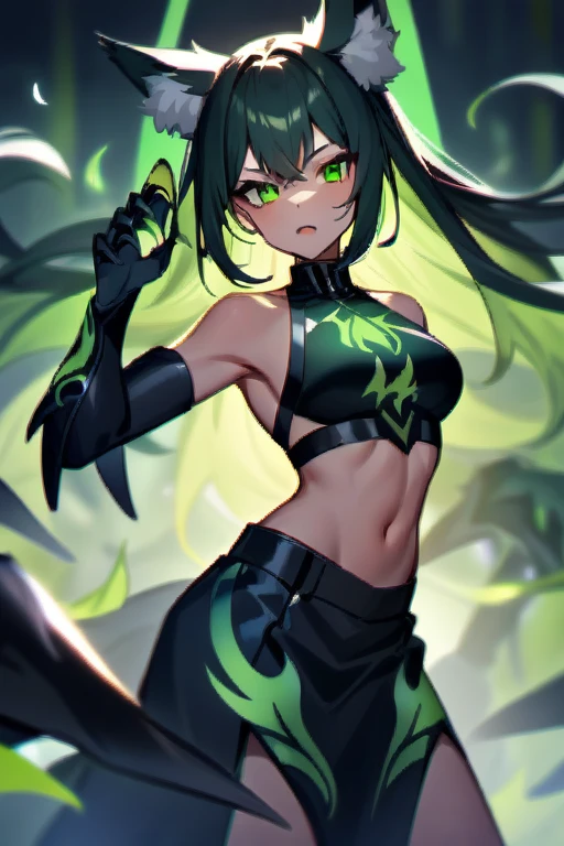 Girl with fox ears and black wings Surrounded by green flames Clothing (shirtless , black skirt and claws)