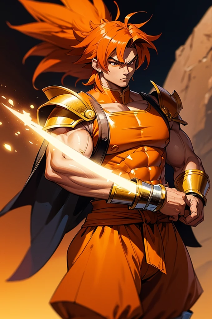 Tanned, somewhat muscular male with long, thick orange saiyan hair, wearing heavy orange armour plating, wearing red feathers around his waist, in fantasy style,