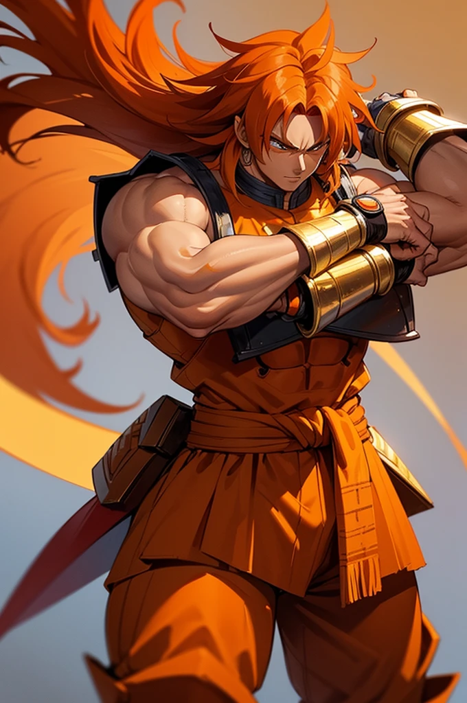 Tanned, somewhat muscular male with long, thick orange saiyan hair, wearing heavy orange armour plating, wearing red feathers around his waist, in fantasy style,