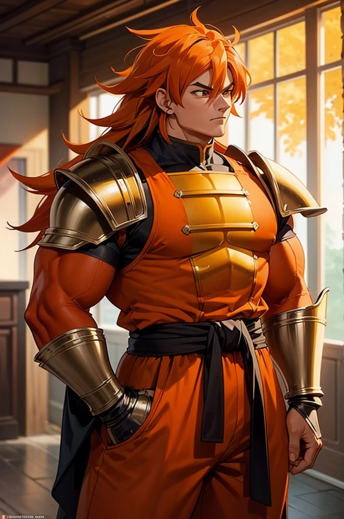 Tanned, somewhat muscular male with long, thick orange saiyan hair, wearing heavy orange armour plating, wearing red feathers around his waist, in fantasy style,