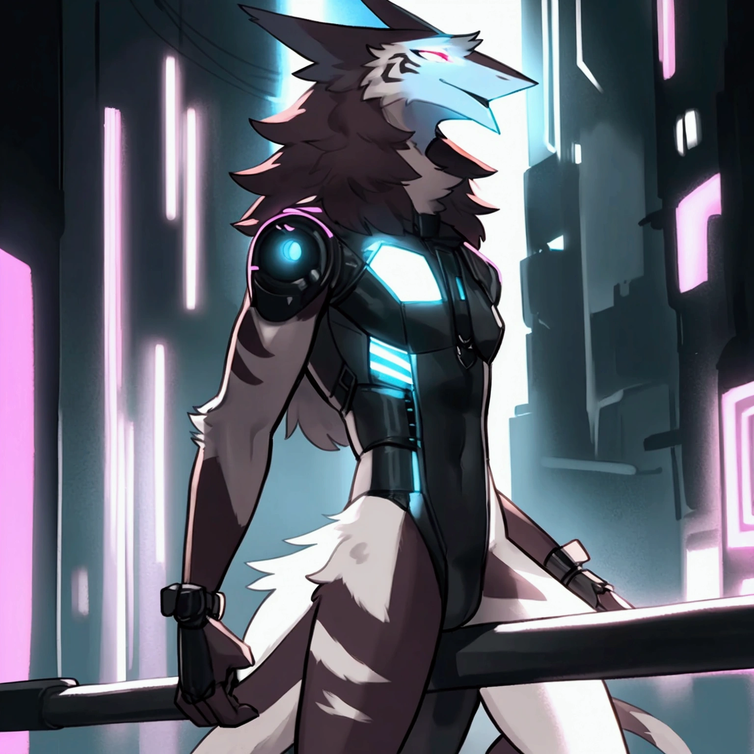 By bebebebebe, by spuydjeks, by buta99, by spikedmauler. athletic male sergal, tigerstrip fur patterns, cyberpunk outfit, hyper detailed, intricate, cinematic lighting, sharp focus, photorealistic, 8k, highres, best quality, masterpiece, extremely detailed, professional, dynamic pose, muscular body, powerful expression, glowing eyes, futuristic technology, neon city background, moody atmosphere, deep shadows, vibrant colors