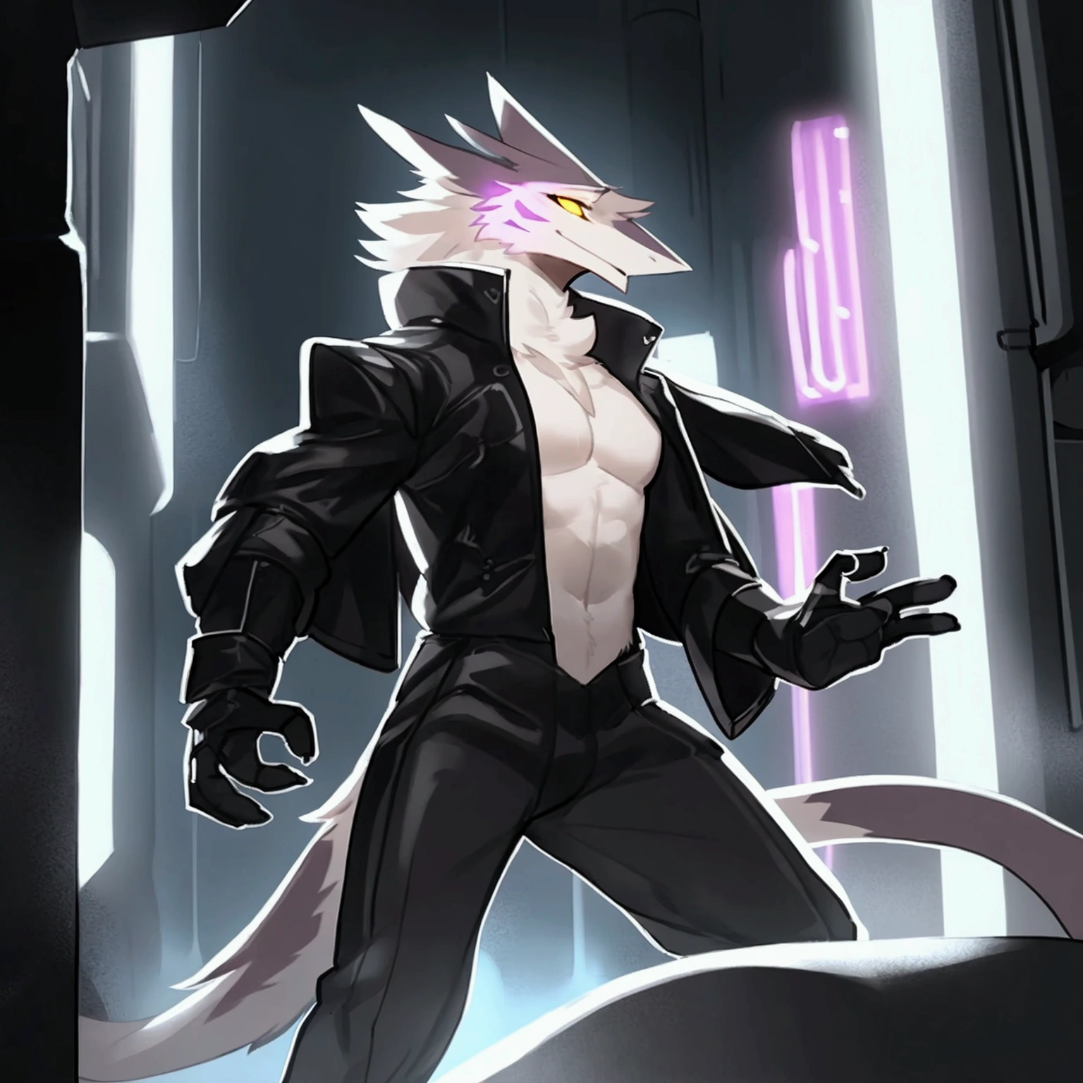 By bebebebebe, by spuydjeks, by buta99, by spikedmauler. athletic male sergal, tigerstrip fur patterns, cyberpunk outfit, hyper detailed, intricate, cinematic lighting, sharp focus, photorealistic, 8k, highres, best quality, masterpiece, extremely detailed, professional, dynamic pose, muscular body, powerful expression, glowing eyes, futuristic technology, neon city background, moody atmosphere, deep shadows, vibrant colors