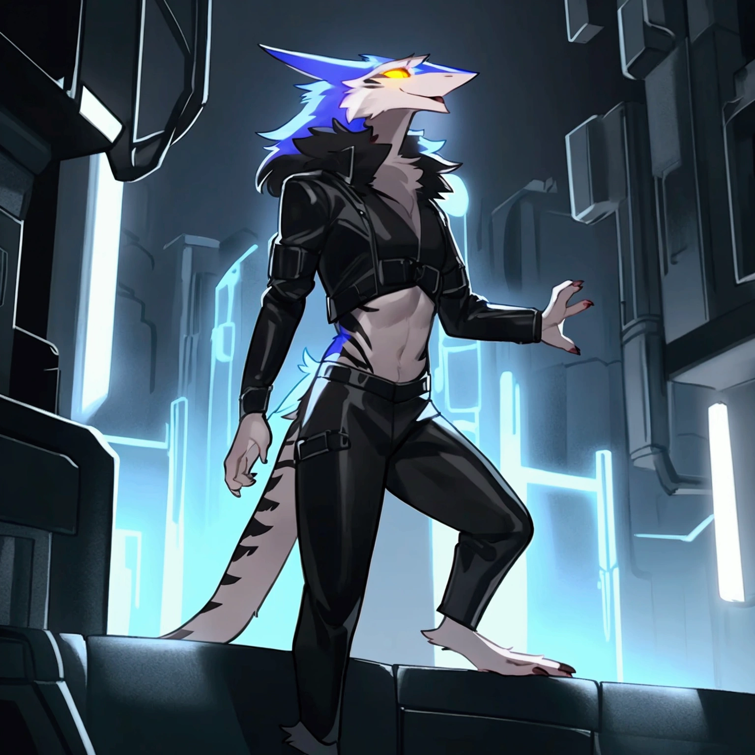 By bebebebebe, by spuydjeks, by buta99, by spikedmauler. athletic male sergal, tigerstrip fur patterns, cyberpunk outfit, hyper detailed, intricate, cinematic lighting, sharp focus, photorealistic, 8k, highres, best quality, masterpiece, extremely detailed, professional, dynamic pose, muscular body, powerful expression, glowing eyes, futuristic technology, neon city background, moody atmosphere, deep shadows, vibrant colors