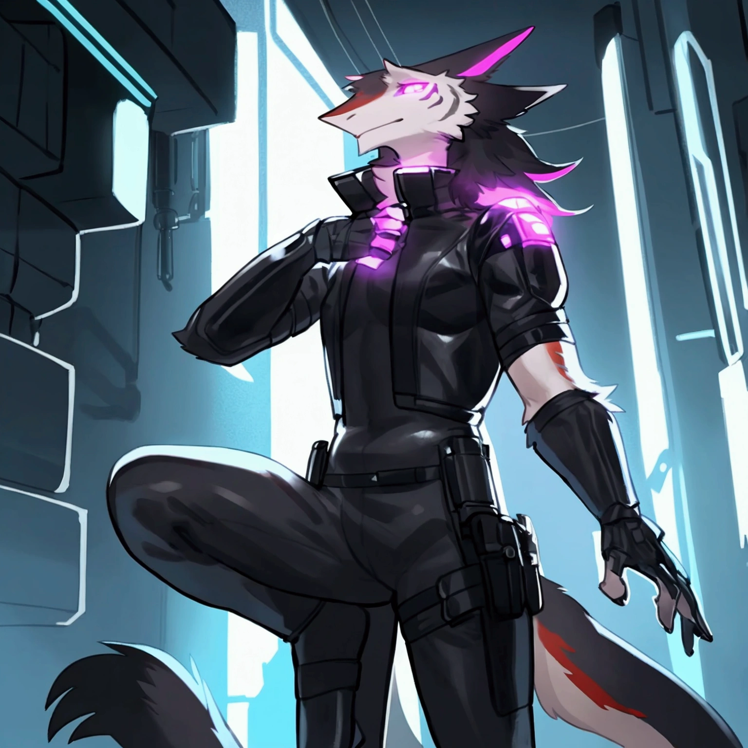 By bebebebebe, by spuydjeks, by buta99, by spikedmauler. athletic male sergal, tigerstrip fur patterns, cyberpunk outfit, hyper detailed, intricate, cinematic lighting, sharp focus, photorealistic, 8k, highres, best quality, masterpiece, extremely detailed, professional, dynamic pose, muscular body, powerful expression, glowing eyes, futuristic technology, neon city background, moody atmosphere, deep shadows, vibrant colors